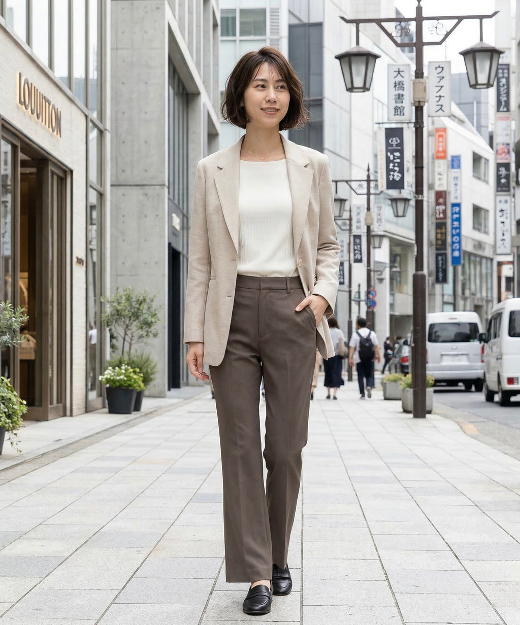 ベージュでまとめる上品ミニマルスタイル