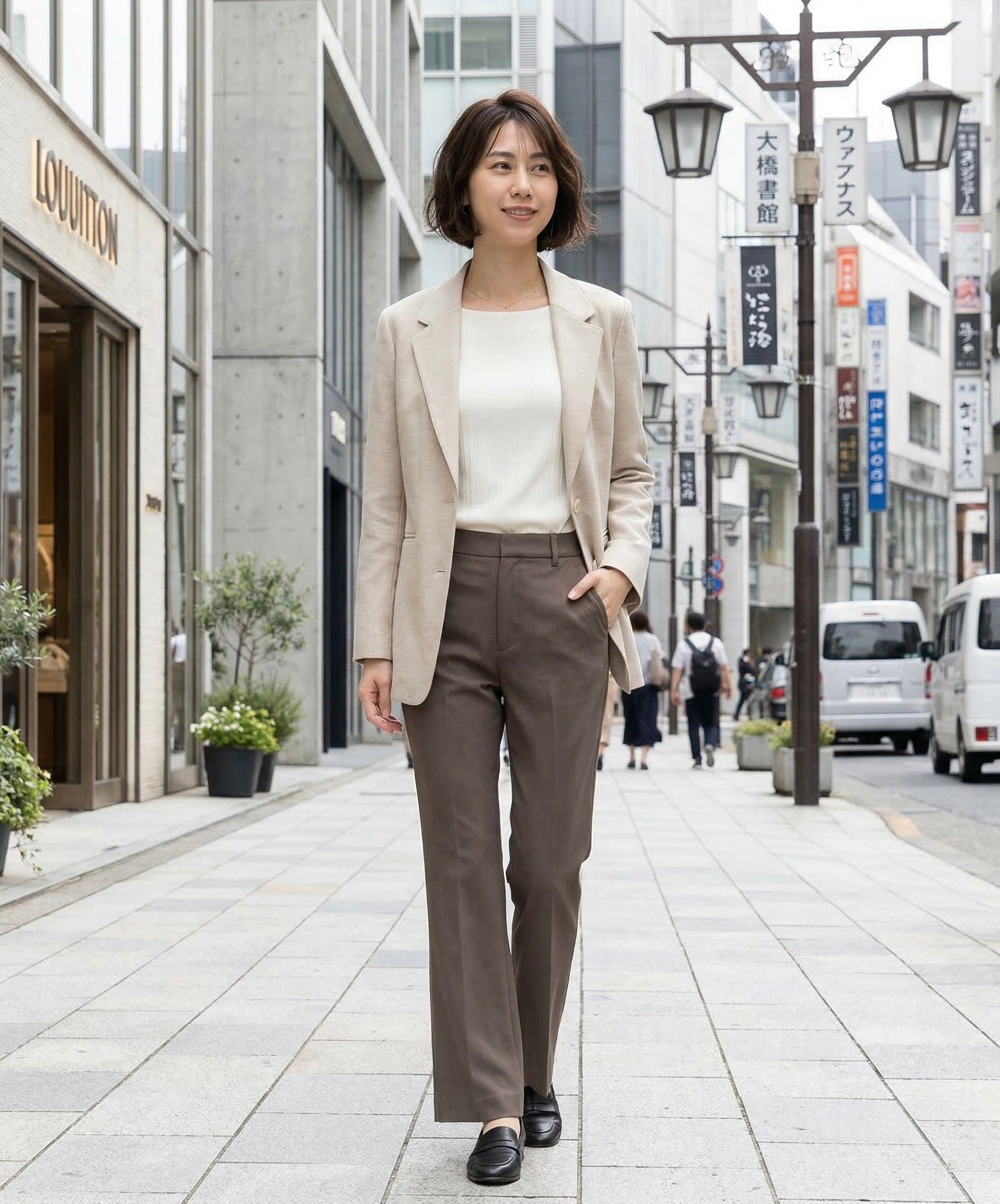 ベージュでまとめる上品ミニマルスタイル